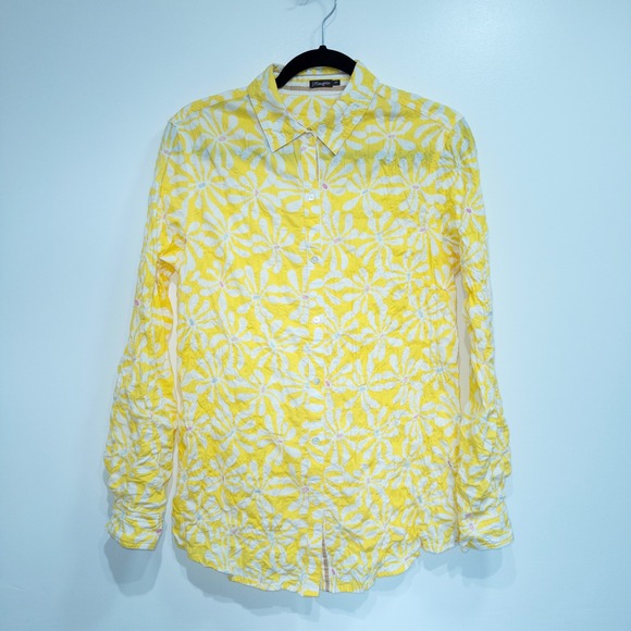J. McLaughlin Tops - J. McLaughlin‎ Yellow Floral Lois Crinkle Button Up Shirt Size Medium